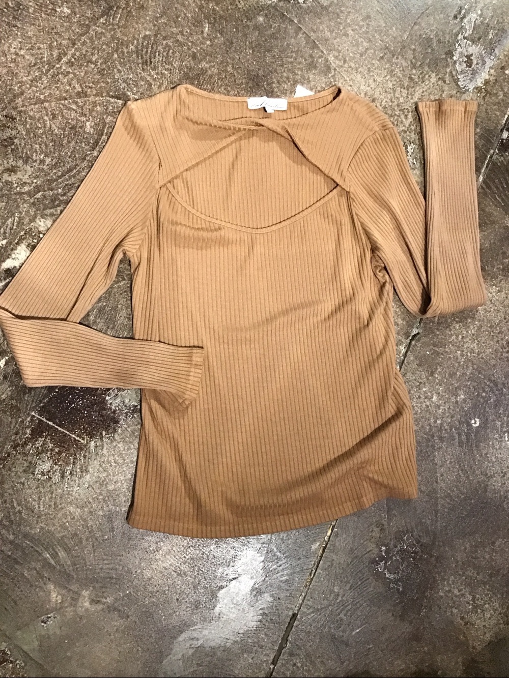 Red Haute Tan Ribbed Long-Sleeve Cutout Top